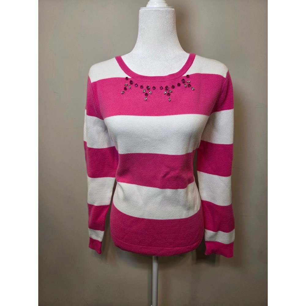 Crown & Ivy Pink White Striped Rhinestone Crew Neck Sweater XL Pullover Womens